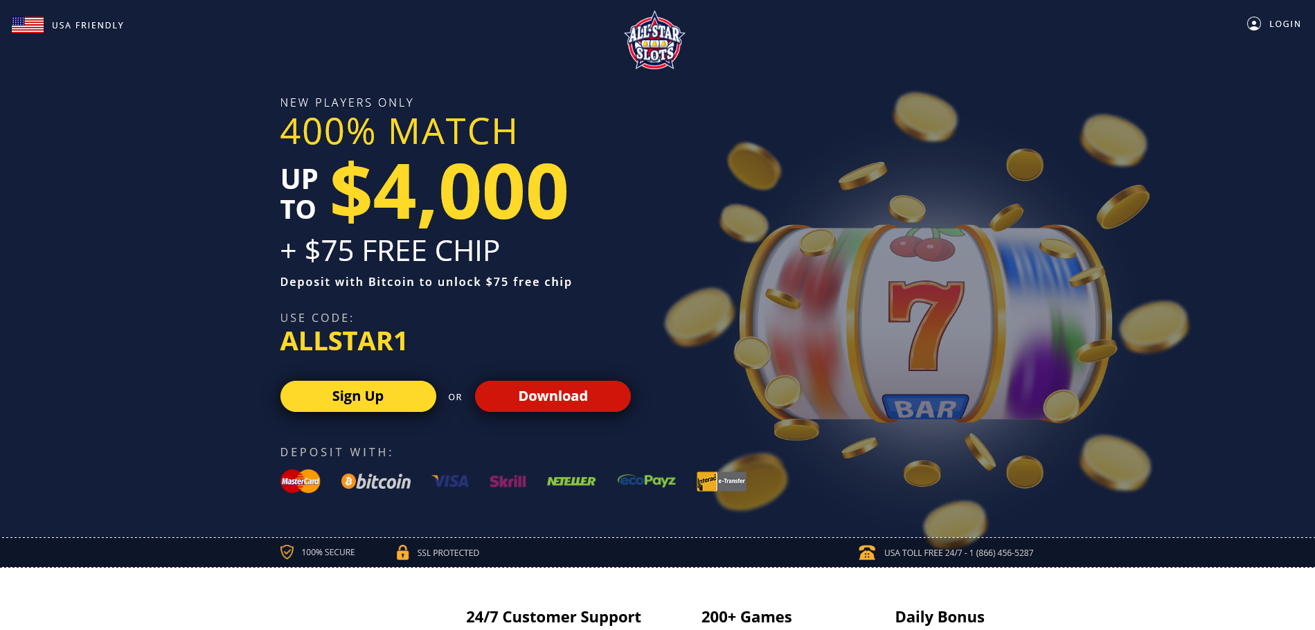 400% MATCH
                                UP TO $4,000 + $75 FREE CHIP Deposit
                                with Bitcoin to unlock $75 free chip USE
                                CODE: ALLSTAR1