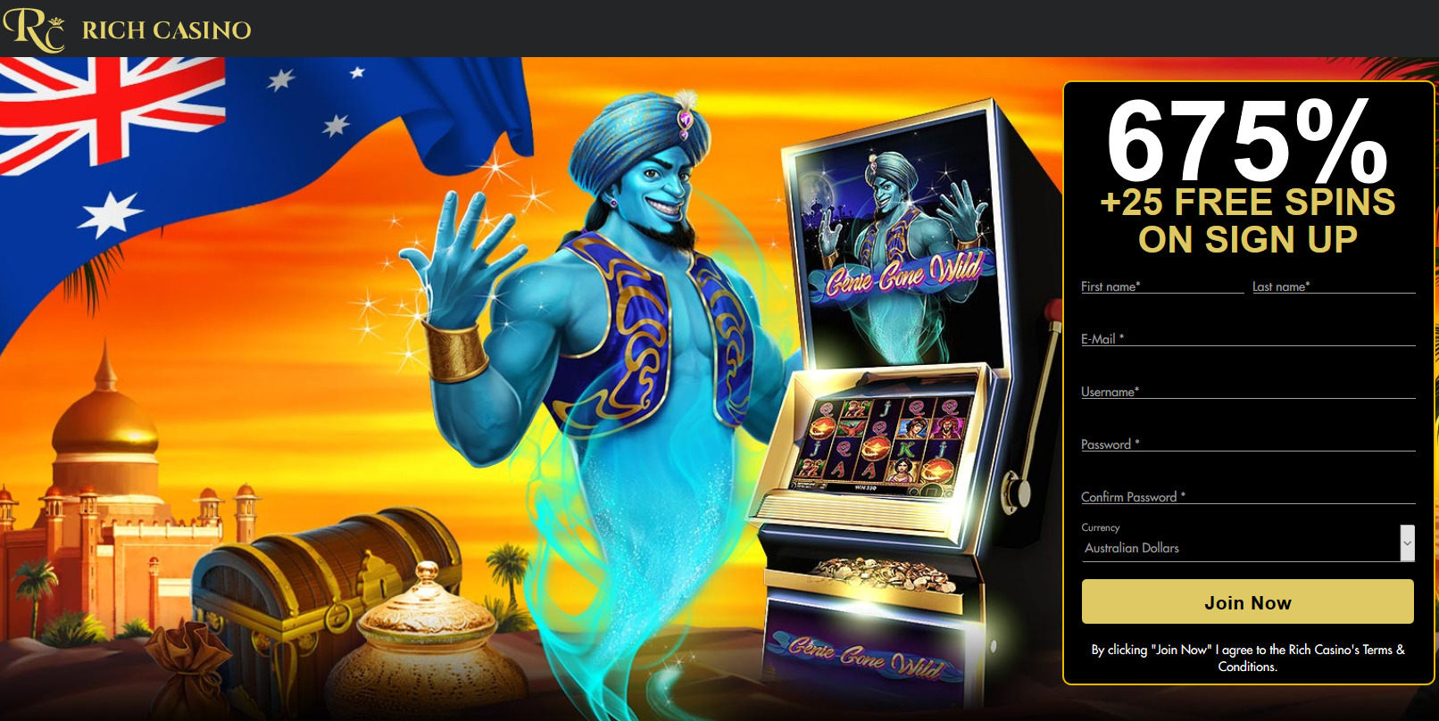 Rich Casino - 675% + 60 free spins. Game: 3 Genies