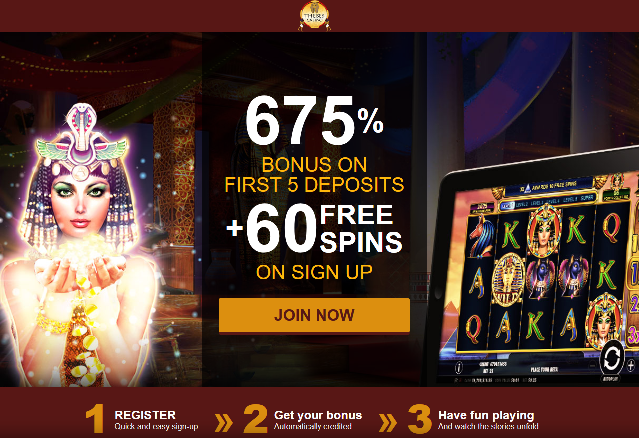 Thebes
                                Casino-675% + 60 free spins Queen Of
                                Gold